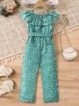 SHEIN Kids FANZEY Toddler Girls' Polka Dot Ruffle Trimmed Jumpsuit For Spring/Summer