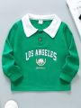 SHEIN Kids EVRYDAY Boys' Casual Sweatshirt With Losangeles Logo Polo Collar And Long Sleeve, Autumn/winter