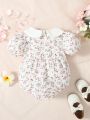 Casual, Comfortable, Cute And Stylish Flower-Printed Collar And Texture Fabric Shirred Bodysuit With Full-Printed Design For Baby Girls