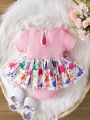 Baby Girls' Fashionable And Cute Short Sleeve Romper With Ruffle Trim, Bowknot And Dinosaur Print, A-Line Skirt, Casual And Simple. Spring, Summer Season.