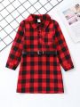 Little Girl'S Long-Sleeved Casual Red Plaid Dress Spring Without Belt