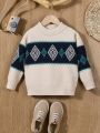 Young Boys' Geometric Pattern Round Neck Casual Sweater