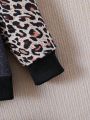 Little Girls' Letter Print Leopard Spliced Raglan Sleeve Round Neck Sweatshirt