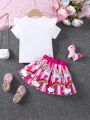 SHEIN Kids QTFun Toddler Girls' Lovely Unicorn Pattern T-Shirt And Skirt Set