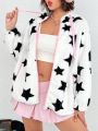 SHEIN Qutie Plus Size Fluffy Hooded Coat With Star Pattern