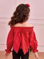 SHEIN Little Girls' Woven Solid Color Off Shoulder Top With Ruffle Trim, Back Bow Decor And Long Sleeves