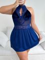 Plus Size Blue Velvet And Lace Sexy Nightgown