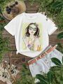 Toddler Girls' Casual Cartoon Printed Short Sleeve T-shirt Suitable For Summer