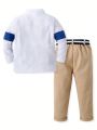 SHEIN Kids FANZEY Boys' (little) Color Block Polo Shirt And Belted Straight Pants Set