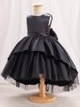 Little Girls' Mesh Patchwork Fluffy Formal Dress With Bow Decoration