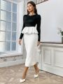 SHEIN Privé Women's Ruffle Hem T-shirt & Sequin Bodycon Skirt 2pcs Set