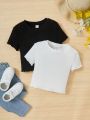 SHEIN Kids EVRYDAY Big Girls' Knitted Solid Color Round Neck Casual Short T-shirt 2pcs/set