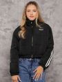 Teen Girl Letter Patched Striped Side Puffer Coat