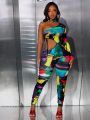 SHEIN Slayr Women's One Shoulder Printed Cutout Waist Tight Jumpsuit