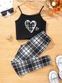 SHEIN Tween Girls' Knitted Heart Pattern Cami Top And Knitted Plaid Loose Casual Pants Snug Fit Homewear Set