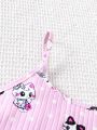 Teen Girls' Light Pink Cat Pattern Printed Shorts & Strappy Cami Set For Home Wear