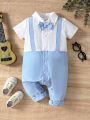 Baby Boy's Gentleman Style Romper With Bowtie, Blue & White Colorblock Design, Full Button Front