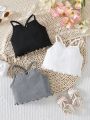 3pcs/Set Baby Girls' Casual Simple Daily Ribbed Knit Lettuce Edge Tank Tops