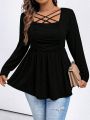 SHEIN LUNE Plus Size Solid Color Criss Cross Hollow Out Pleated T-shirt