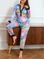 Plus Size Button Front Cartoon Print Pajama With Full Coverage