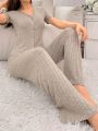 Women'S Solid Color Knit Ribbed Casual Homewear Set
