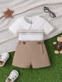 Infant Boys' Peter Pan Collar Short Sleeve T-Shirt And Button Decorated Shorts Casual Set