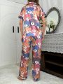 Color-Blocking Trimmed Bear Print Imitated Silk Pajama Set With Lapel Collar And Button-Front Design
