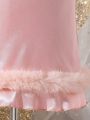 Young Girl's Satin Bow & Beaded Hem Feather Embellished Sheath Party Dress For Attending Banquets And Parties, Summer