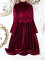 Women's Plus Size Solid Colored Stand Collar Velvet Dress