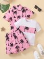 SHEIN Kids SUNSHNE 3pcs/Set Boys' Coconut Tree Pattern Printed Short Sleeve Shirt, Loose Fit T-Shirt And Shorts, Suitable For Casual & Vacation Style