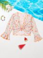 Young Girl Flare Sleeve Ditsy Floral Sun Protection Top
