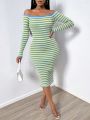 SHEIN SXY Striped Knitted Dress For Women With Hollow Out Detail & Wrap Chest Design, Mid-length