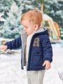 SHEIN Baby Boy Letter Flocking Dual Pocket Hooded Quilted Coat