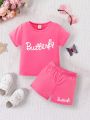 SHEIN 2pcs/Set Baby Girls' Casual And Simple Short Sleeve T-Shirt And Shorts With Interesting Letter Print For Spring/Summer Outings