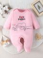 Baby Girls' Pink Casual Jumpsuit With Slogan Print, Long Sleeve And Trousers, One-Piece Pajamas