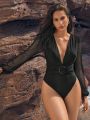 SHEIN Leisure Plunging Neck O-ring Detail Contrast Mesh Lantern Sleeve Belted One Piece Swimsuit