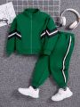 SHEIN Boys' Casual Sporty Style Sweatshirt With Decorative Sleeves, Jacket And Knitted Pants Set