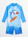 Toddler Boys' Spring/Summer One-Piece Shark Patterned Long-Sleeved Swimwear With Back Zipper For Sun Protection