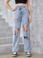 Teen Girl Asymmetrical Waist Ripped Straight Leg Jeans