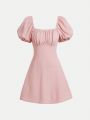 SHEIN Teenage Girls' Knit Solid Color Square Neck Bubble Sleeve Casual Dress