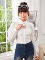 SHEIN Teen Girls' Love Heart Hollow Out Collared Long Sleeve Shirt
