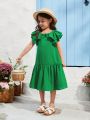 SHEIN Kids EVRYDAY Young Girls' Woven Solid Color Loose Fit Casual Dress With Ruffled Hemline