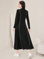 SHEIN Mulvari Women's Contrast Stitching Decor Zipper Half Placket A-Line Dress