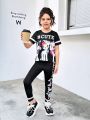 SHEIN Kids Cooltwn Young Girl Cool Street Style Spring/Summer Knit Round Neck Short Sleeve T-Shirt And Legging Set