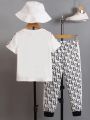 SHEIN Kids EVRYDAY Toddler Boys' Letter Printed Short Sleeve T-Shirt And Long Pants Set With Cap