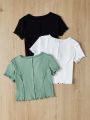 SHEIN Kids EVRYDAY Tween Girls' Knitted Solid-Color Round Neck T-Shirt Set, 3pcs