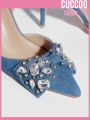 Party Collection Denim Bow Knot And Rhinestone Embellished Pointed Toe Ankle Strap High Heel Shoes