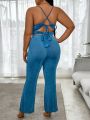 SHEIN SXY Plus Size Solid Color Hollow Out Cami Top And Long Pants Set