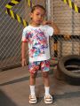 SHEIN Kids HYPEME Toddler Boys' Colorful Printed Short Sleeve T-Shirt And Shorts Set