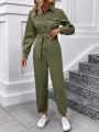 SHEIN LUNE Ladies' Solid Color Jumpsuit With Waist Belt Design, Long Sleeve